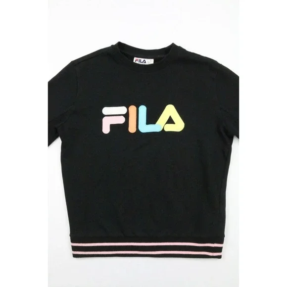 Fila Sweatshirt Womens French Terry Elastic Hem Stretch Black Rainbow Crew Neck - Picture 4 of 15
